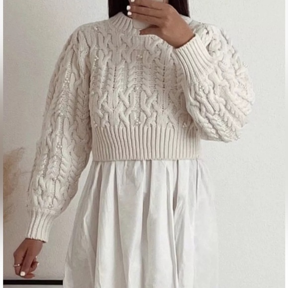 Zara CABLE KNIT CROP PEARL SWEATER size Large - Picture 9 of 15